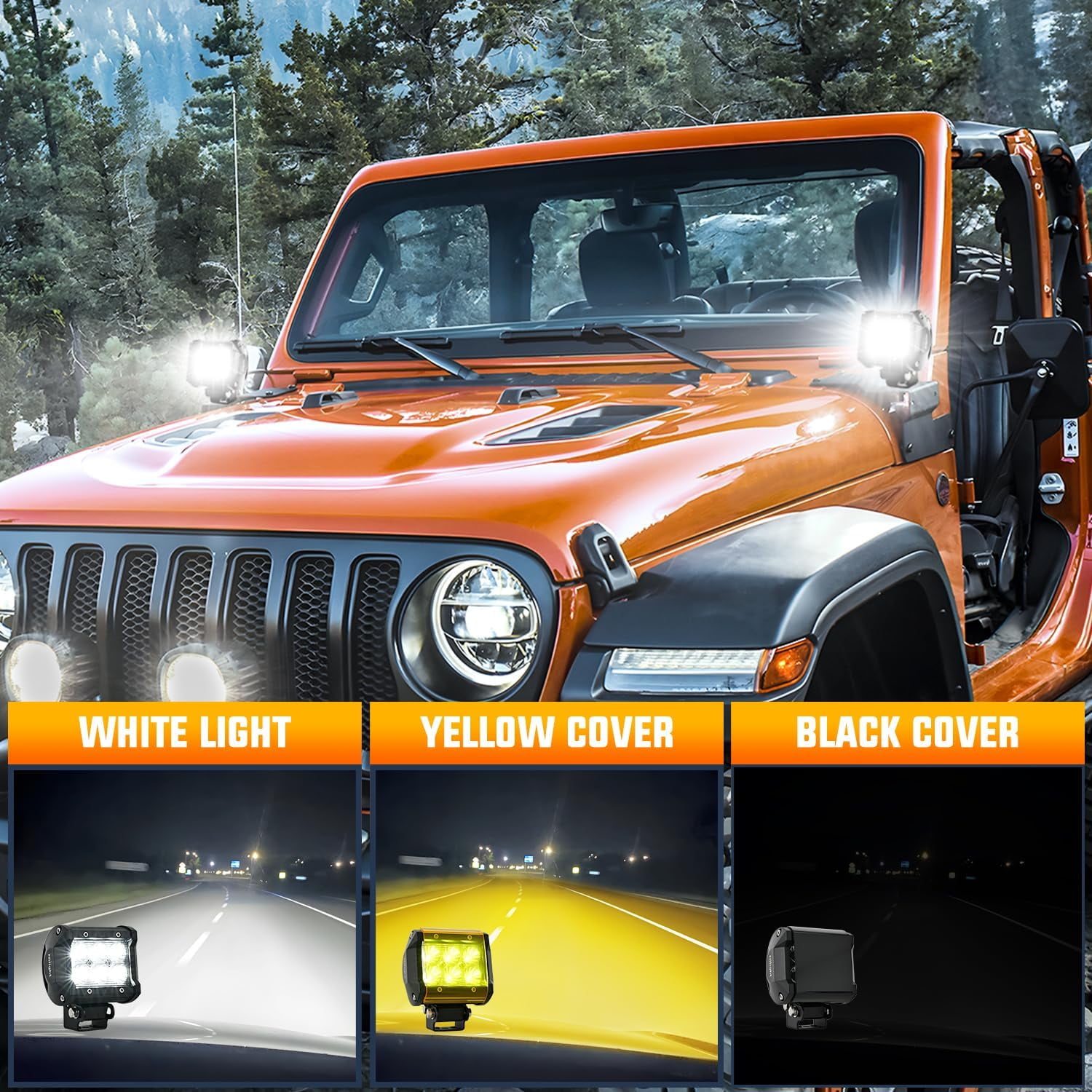 Nilight 4 Inch LED Flood Light Pods 2PCS 18W with Yellow & Black Covers, IP67 Wide Beam Auxiliary Lights for Truck SUV ATV UTV Golf Cart Boat Camper