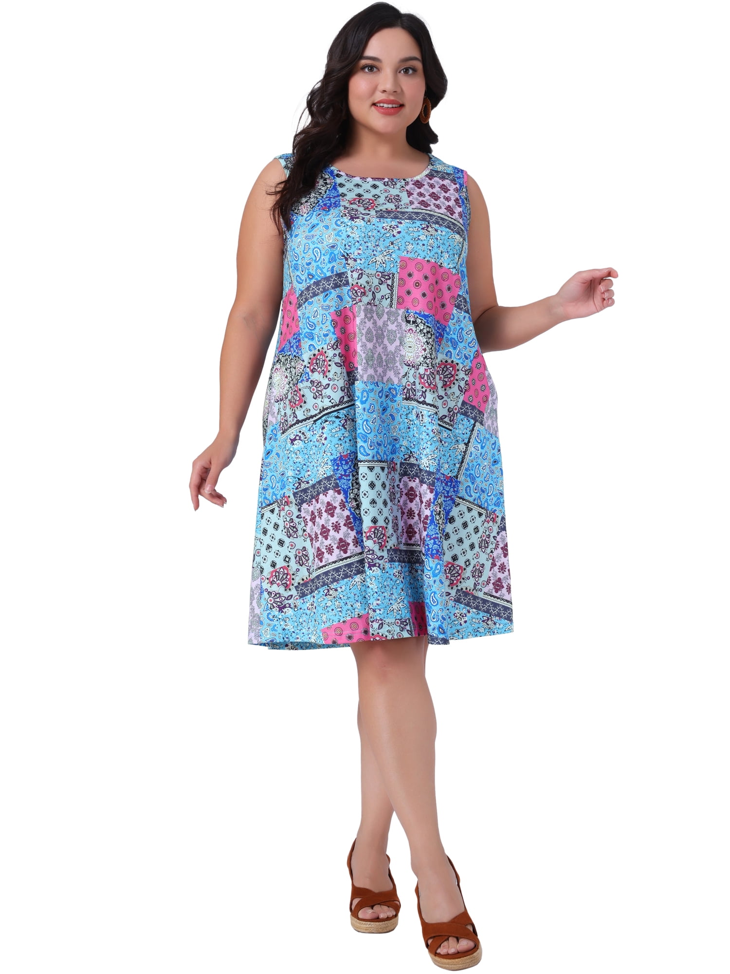 DARING DIVA Plus Size Floral Tank Sleeveless Boho Dress 4X Pink Blue