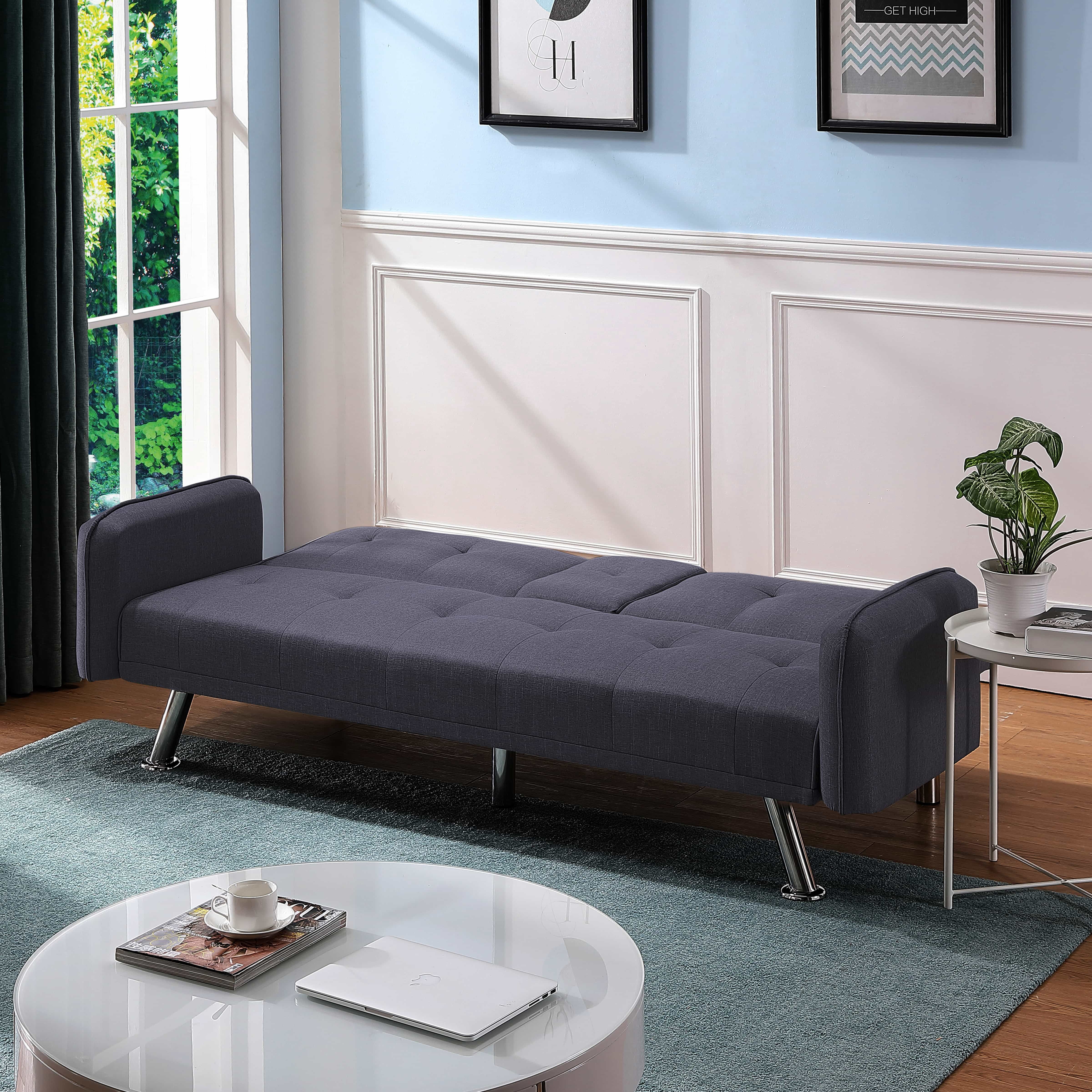 BSHTI 74.4” Futon Sleeper Sofa Bed Features a Drop-Down Middle Backrest, Twin-Sized Futon Bed, Polyester Fabric, 3 Adjustable Backrest, Dark Gray