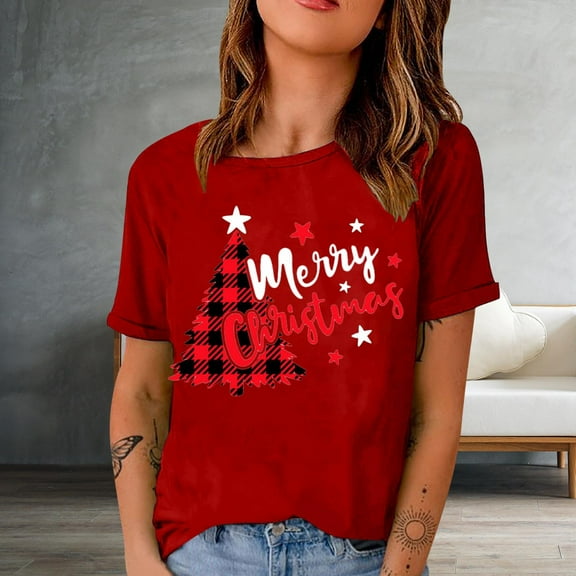 Uootdi Christmas T shirts for Women Gift Merry Christmas Shirt Xmas Holiday T shirt Christmas Lights Casual Tee Tops