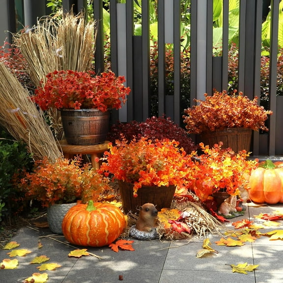 Outdoor Artificial Fall Flowers Plants Fall Decorations UV Resistant Plastic Flowers Outside Fake Boxwood Plants for Home Kitchen Garden Autumn Thanksgiving Fall Decor(Brown)