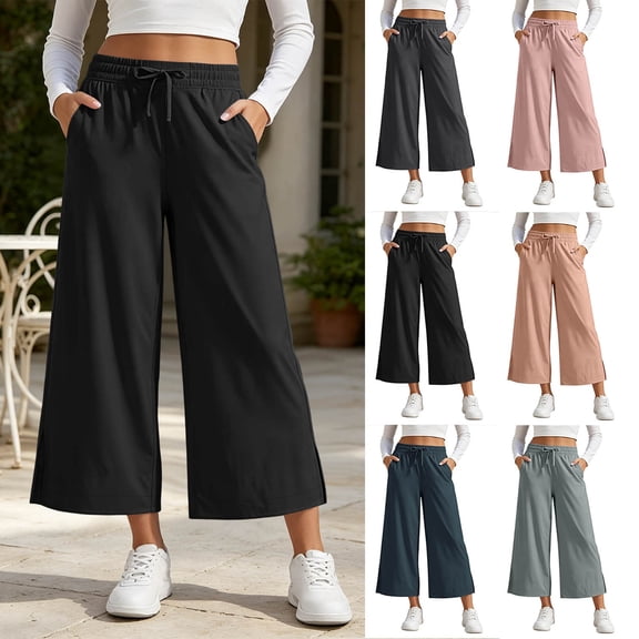 HomeDM Capris Pants for Women Wide Leg Drawstring Loose Pants Black Lounge Trousers with Pockets for Athletic Work Size L
