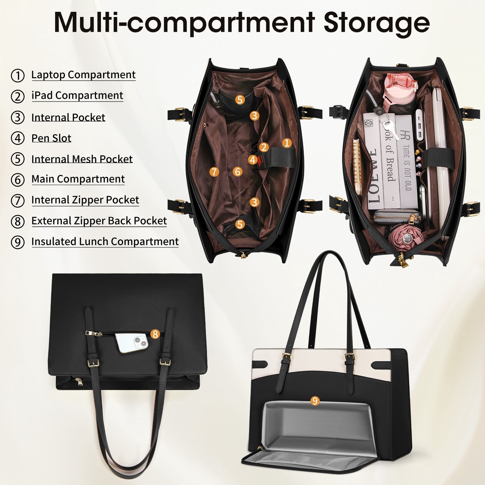 RAINSMORE 15.6 inch Lunch Tote Bag for Women Laptop Bags with Insulated Lunch Compartment Teacher Work Bag for Office Travel,BlackWhite