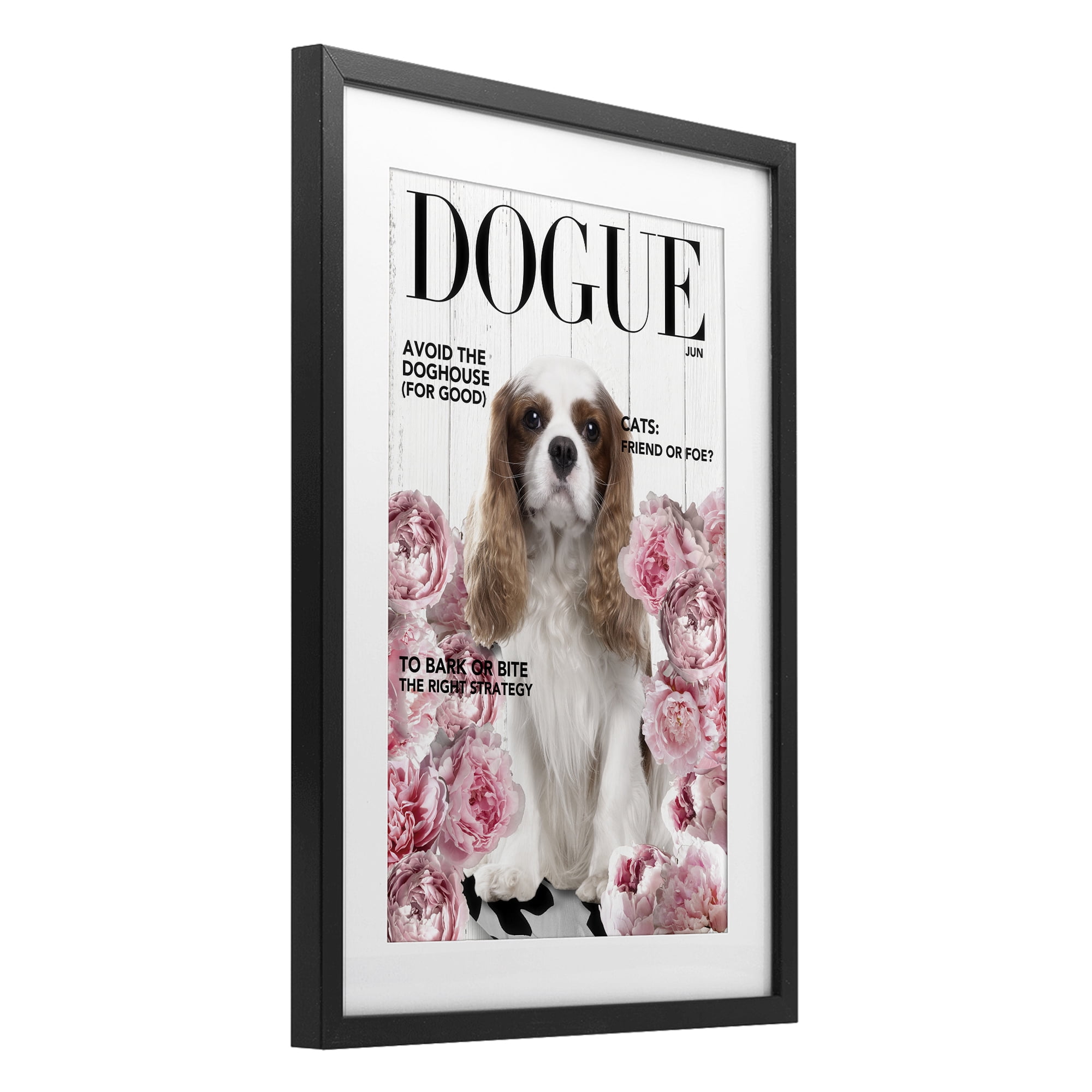 Funny Floral Dog Magazine Black Framed Print Under Glass, design by Sasha