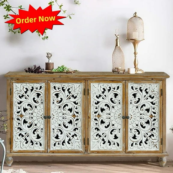 Tcbosik 60" Buffet Sideboard with 4 Doors, Modern Storage Cabinet with Adjustable Shelves, Coffee Bar Cabinet, Accent Cabinet for Living Room, Dining Room, Kitchen, Antique Natural