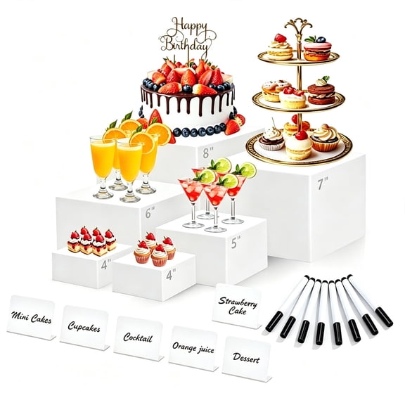 Liwantech 6 Pcs Acrylic Buffet Risers with Mini Sign and Maker, White Food Display Stands, Nesting Cube Boxes with Hollow Bottoms for Parties, Dessert, Jewelry Collectibles (8",7",6",5",4",4")