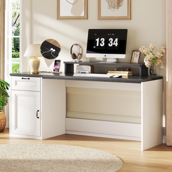 63" Farmhouse Executive Desk with Drawers, Modern Computer Desk with Power Outlets, Office Writing Desk with Monitor Stand & Storage Cabinet, Printer Shelf, Antique White