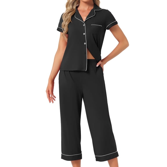 DARING DIVA Women's Capri Pajamas Short Sleeve Button Down Tops with Pants Set M Black