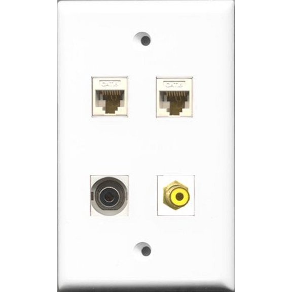 RiteAV 1 Port RCA Yellow and 1 Port 3.5mm 2 Port Cat6 Ethernet White Wall Plate