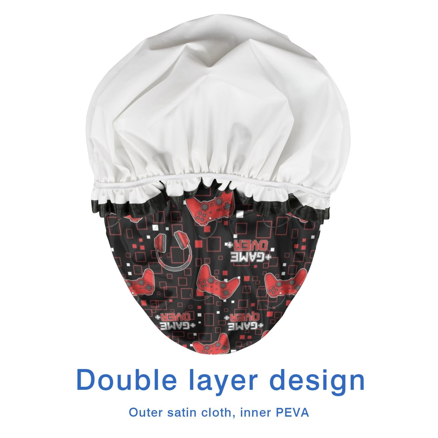 Shower Caps,Red Controllers Games Icons Black Pattern Waterproof Shower Cap for Women 4 Pieces,Double Reusable Hair Cover for Shower PEVA Elastic Stretch Hem