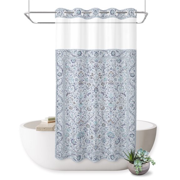 No Hook Shower Curtain, Vintage Teal Blue Boho Shower Curtains for Bathroom with See Through Top Window, Retro Ethnic Tribe Abstract Art Waterproof & Washable Bath Curtain Stand Up Stall 36"x72"