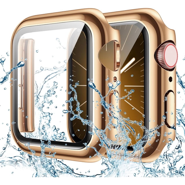 XiHAMA Waterproof Case Compatible with Apple Watch SE (2nd Gen) Series 6 5 4 Screen Protector, Tempered Glass Hard PC Bumper Face Cover