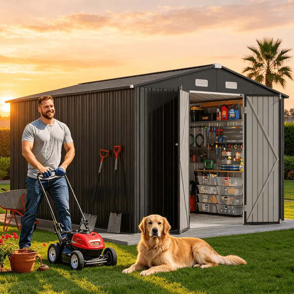 Gizoon 10' x 10' Metal Outdoor Storage Shed with Sloping Roof and Lockable Door, for Backyard & Garden, Gray
