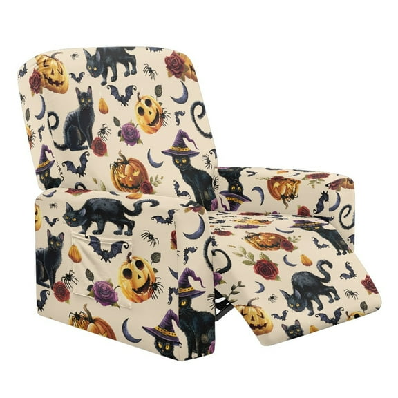 LedBack Black Cat Print Recliner Slipcover Pumpkin Rose Print Stretch Reclining Chair Covers for Halloween Deocr 4 Pieces Washable Elastic Couch Cover with Pocket for Living Room, Brown