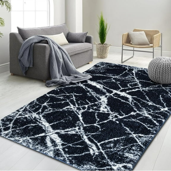 HR Ultra-Soft Cobalt Navy and White Shaggy Rug with Elegant Marble Pattern  Luxurious High Pile Area Rug for Contemporary Home Dcor