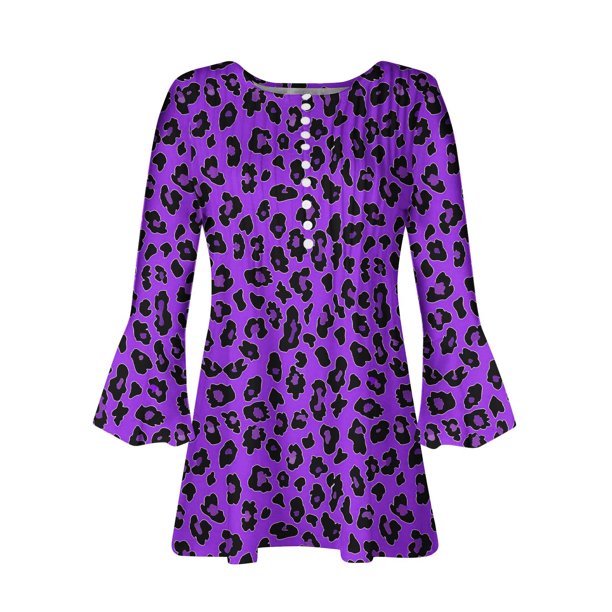 Blusa informal con botones estampados y plisados de plástico para mujer, manga 3/4, manga corta y cuello de cuerno.