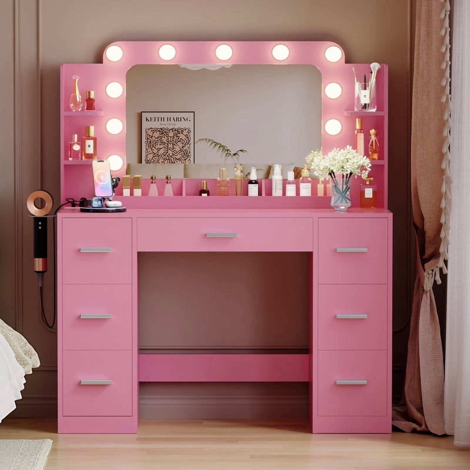 Furmax Vanity Set with Large Mirror & Adjustable Lights, Makeup Vanity Table with 7 Drawers & Open Shelves Vanity Desk for Bedroom, Pink