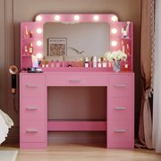 Furmax Vanity Set with Large Mirror & Adjustable Lights, Makeup Vanity Table with 7 Drawers & Open Shelves Vanity Desk for Bedroom, Pink