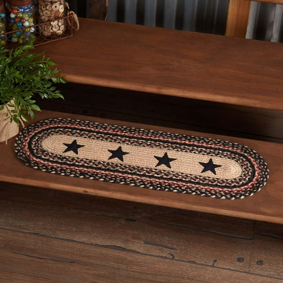 VHC Brands Colonial Star Stair Tread Rug, Jute Blend, Oval, Tan Black Red, 8.5 x 27 inches