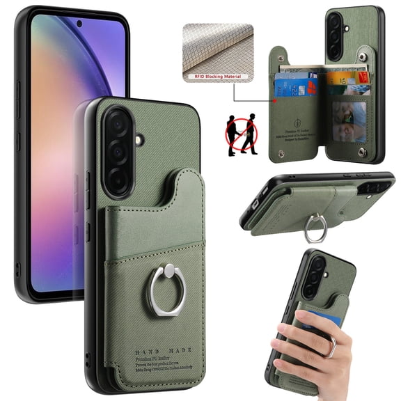 Wallet Case Compatible for Samsung Galaxy A37, Slim Protective Case with Card Holder & Ring Holder Stand, Premium PU Leather Back RFID Blocking Cover for Samsung Galaxy A37, Green