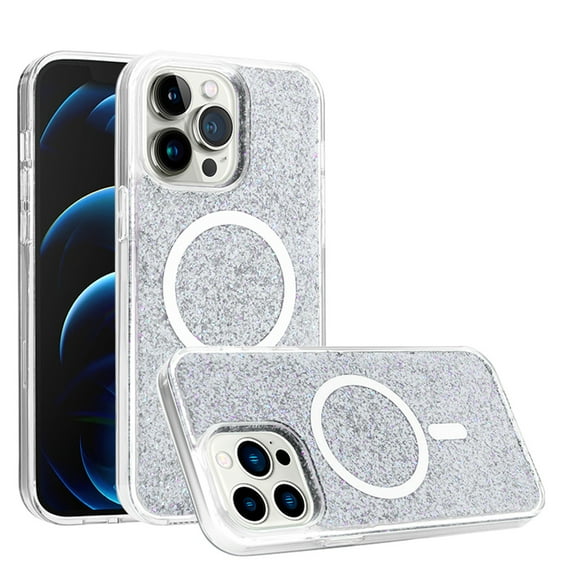 For iPhone 14 PRO 6.1" Epoxy Glitter [Magnetic Circle] ShockProof Hybrid 2.5mm Thick - Silver