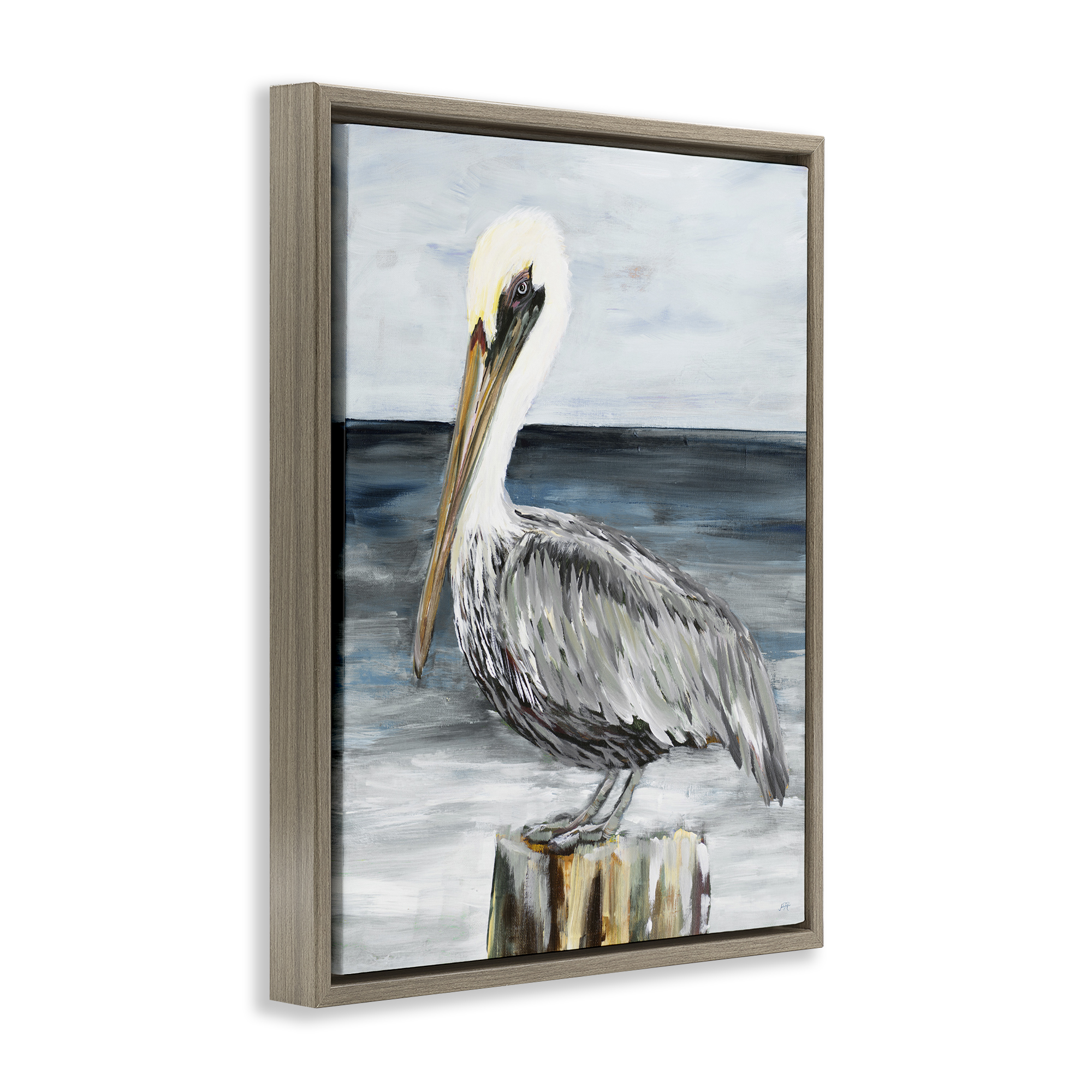 Stupell Industries Peaceful Beach Pelican Animals & Insects Painting Brown Floater Framed Canvas Art Print Wall Art, 17 x 21