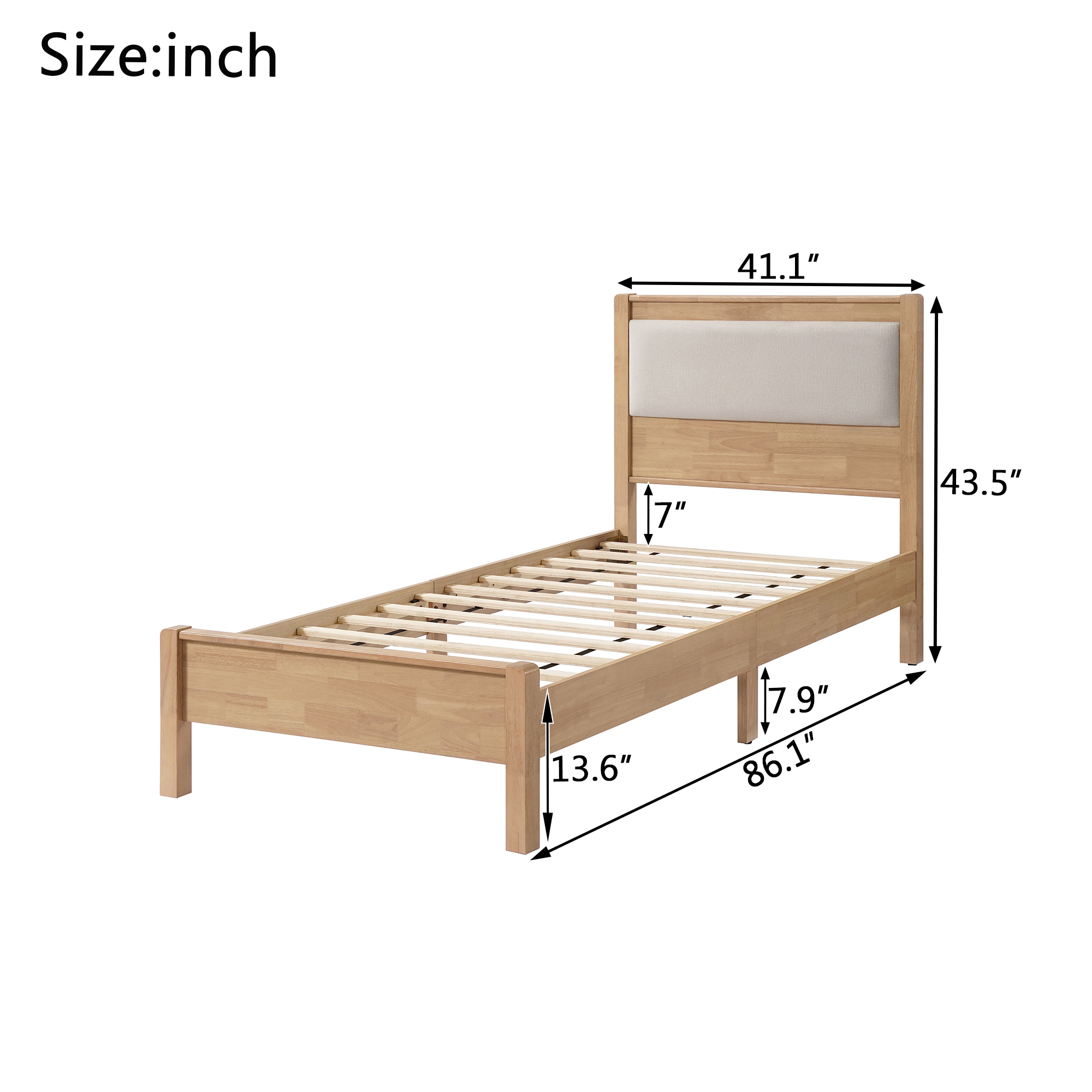 HOQBN Twin XL Solid Rubberwood Bed Frame with Upholstered Headboard, Reinforced Central Support Legs for Bedroom Natural