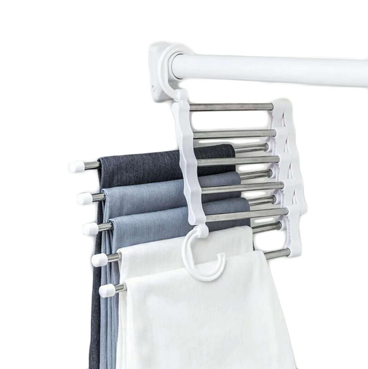 Cheeroyal Trouser Hanger Space Saving 5 In 1 Stainless Steel Magic Hanger Organiser for Trousers Scarves Jeans Clothes Towels Tie 
