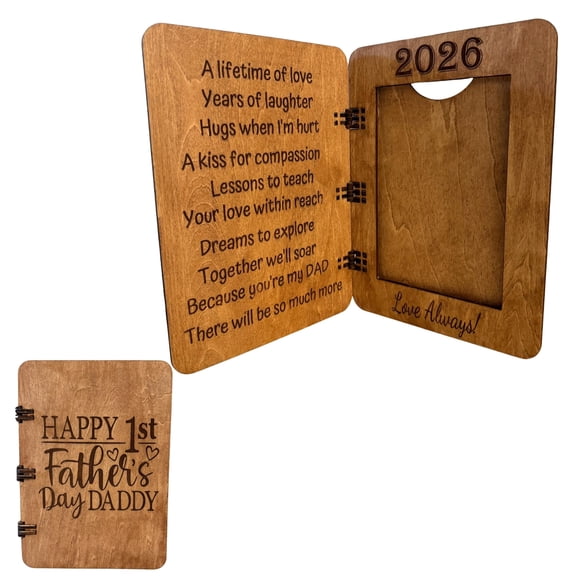 First Father’s Day Picture Frame Greeting Card – 5.9” x 8.2” Wood Card Holds 4x6 Photo – New Dad Keepsake with Acrylic Plate and Envelope