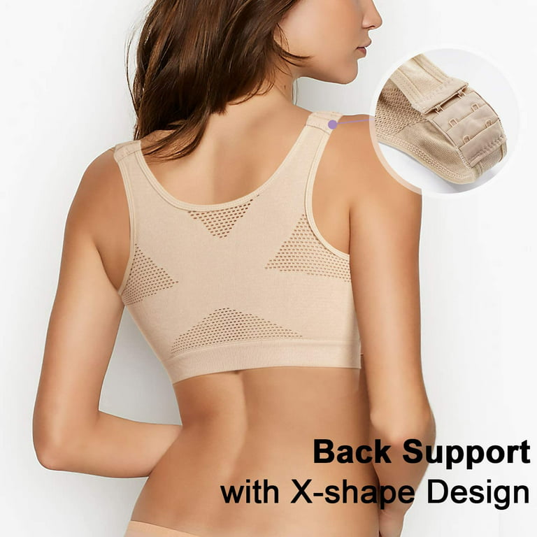 Eleady Women Posture Bras Front Closure Bras with Back Support Full  Coverage Wireless Tops Adjustable Posture Corrector(Beige Large)