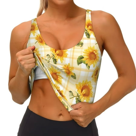 Qokaie Light Yellow Plaid Sunflower Pattern Womens Scoop Neck Sports Bra Breathable Workout Vest Padded U Back Medium Impact Fitness Gym Yoga Bra Workout Crop Top