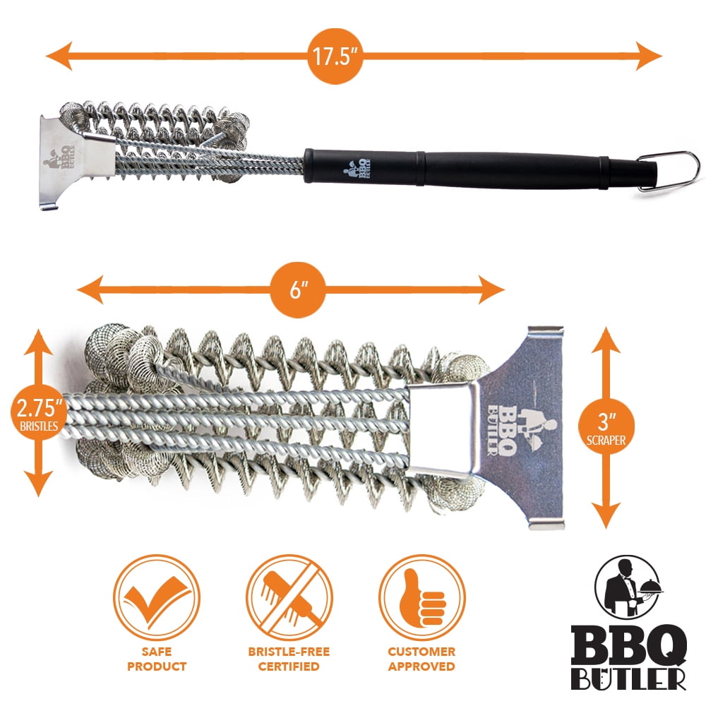 BBQ Butler Bristle Free Grill Brush - 360 Degree Grate Scraper - Stainless Steel