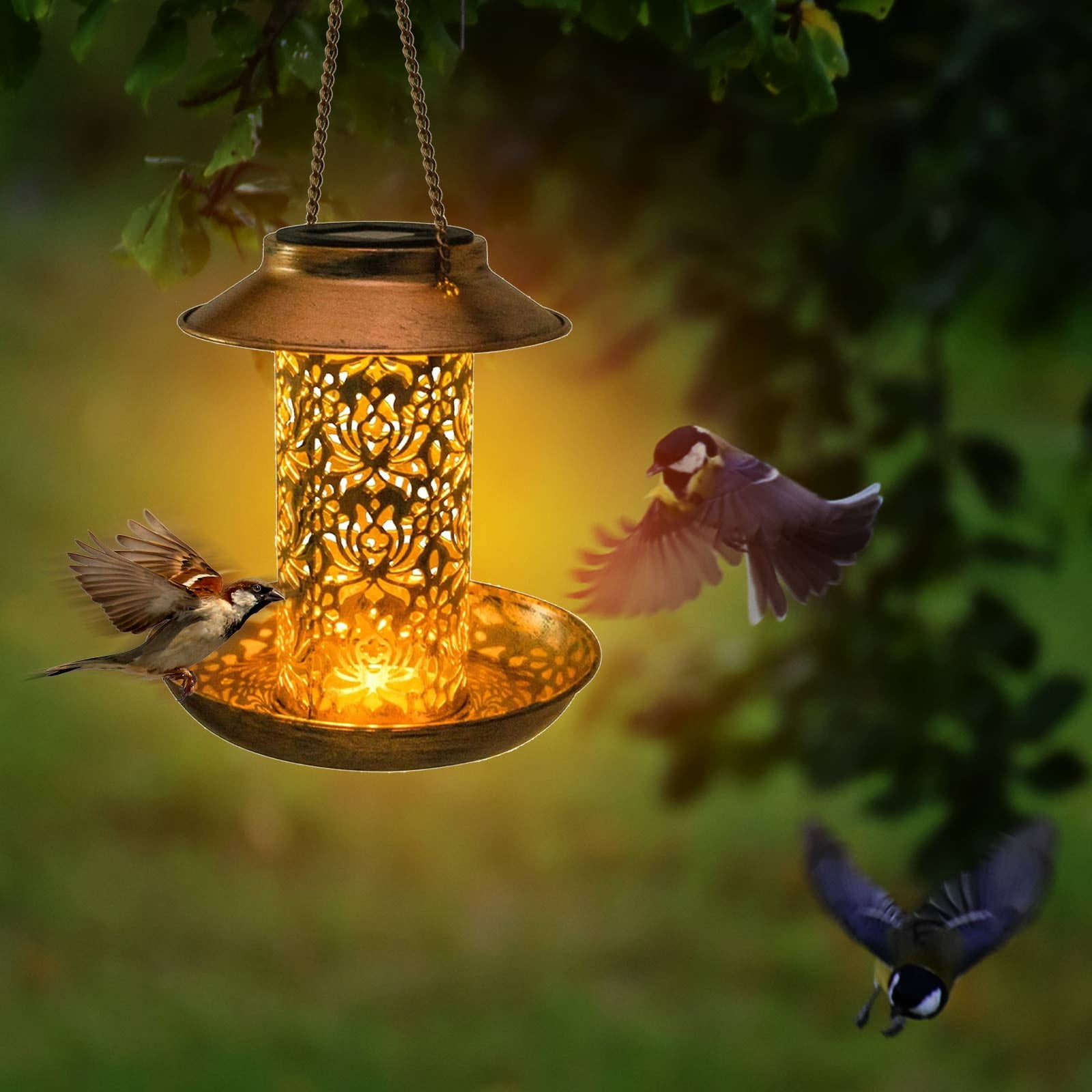 Solar Yard Iron Bird Feeder Lamp,LED Solar Powered Hanging Garden Light Home Decor
