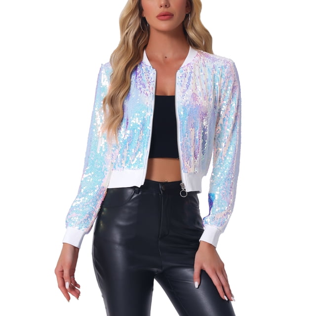 Chaqueta bomber corta con cremallera de lentejuelas para mujer INSPIRE CHIC, de manga larga, talla XL, color rosa claro