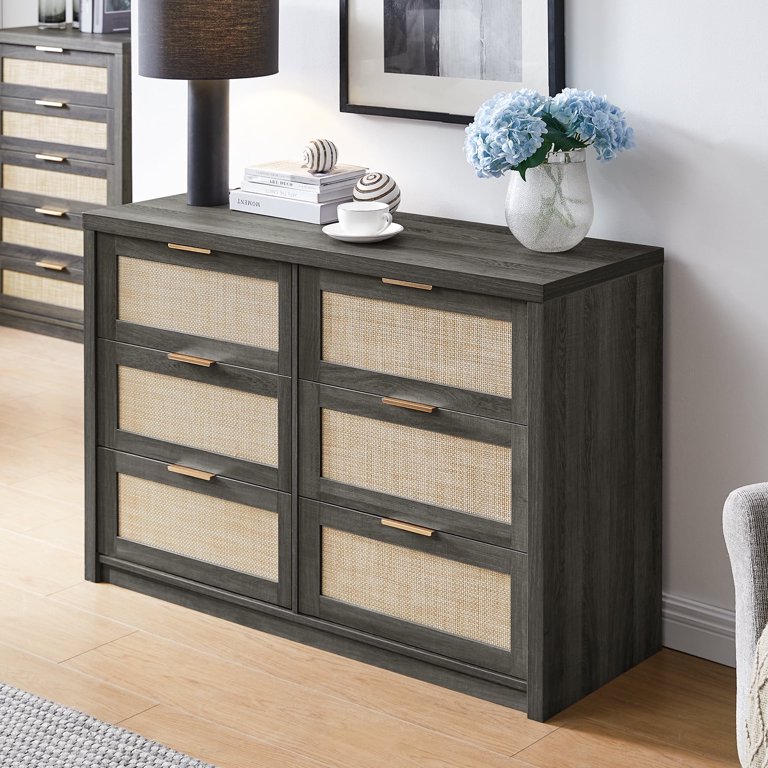 OAKHAM 6 Drawer Dresser, Rattan Wide Chest of Drawers for Bedroom Living Room, Midnight Oak OAKHAM 6 Drawer Dresser, Rattan Wide Chest of Drawers for Bedroom Living Room, Midnight Oak