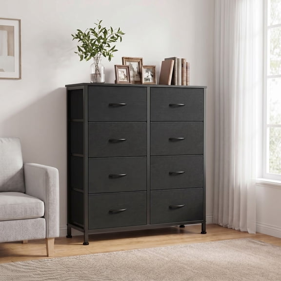 BEAUTYPEAK 8 Drawer Fabric Dresser Bedroom Storage Chest with Wood Top Adjustable Feet, Black