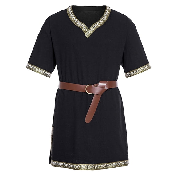 XIAONU Men's Solid Color Tunic Shirts V Neck Embroidered Trim Tunic Comfortable Historical Renaissance Top