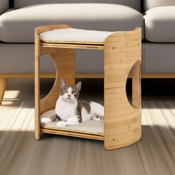 Pefilos 16" Cat House Bamboo Cat Condo, 2-Tier Indoor Cat Bed, Cat Shelter Furniture with Cushion, Beige