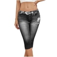 thumbnail image 3 of VBVC Women's Denim-Look Capri Leggings,High Waisted Stretchy Faux Jeans Capris For Women,Ladies Floral Embellished Casual Yoga Pants,Black,S-2XL, 3 of 7