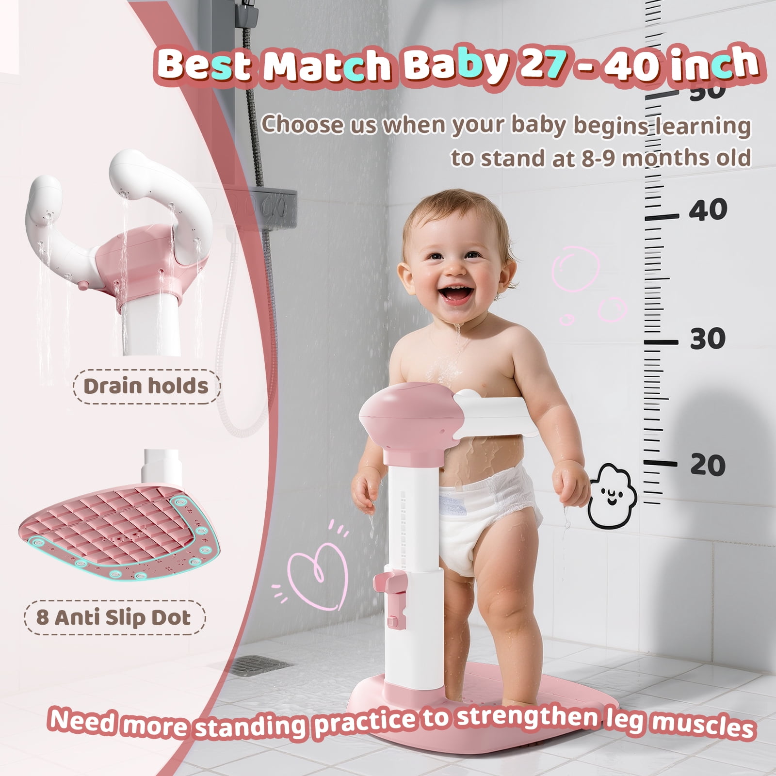 COOSEYA Baby Bath with Shower Stand Support, Anti-Pinch Soporte para Bañera de Bebé Adjustable Shower Tower and Anti-Slip for Toddler Standing Up Themselves(Pink)