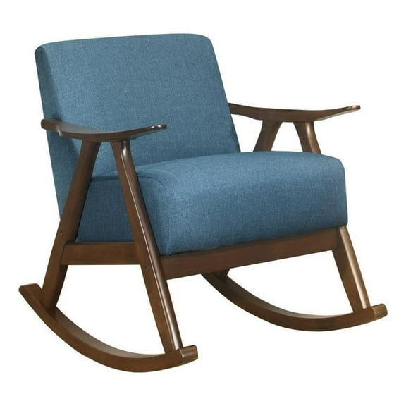 Tim 37 Inch Rocking Armchair, Blue Polyester, Walnut Brown Solid Wood
