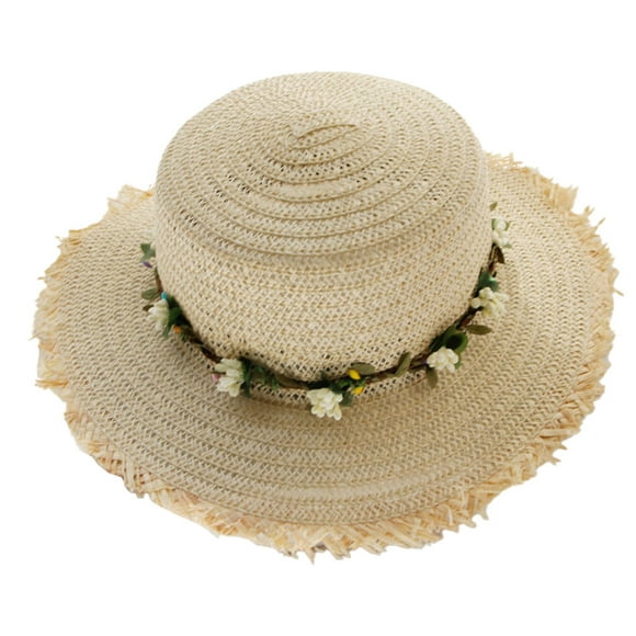 Sombrero de paja para niños con circunferencia de 52-54 cm, protector solar, guirnalda para exteriores, sombrero de copa plana, sombrero de playa para la playa, sombrero para el sol plegable Beige