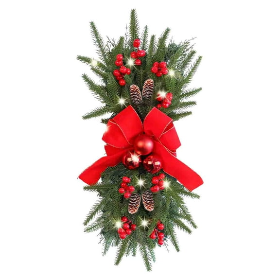 Christmas Stair Swag Wreath Cedar Pine Garland Real Touch Christmas Wreath with Red Bow Berry Front Door Wall Window Stairs Holiday Christmas Decoration 18 inch