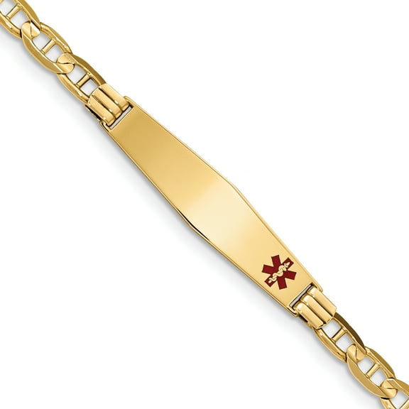 14K Yellow Gold Medical Soft Diamond Shape Red Enamel Anchor ID Bracelet