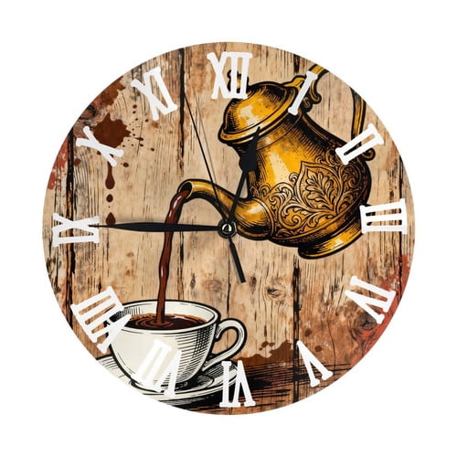 Zhmjortal Coffee Pattern Wall Clock Silent Non-Ticking Kitchen Desk Decor Clock Battery Operated Quartz Analog Round Clocks 10 in for Bedroom Bathroom Living Room