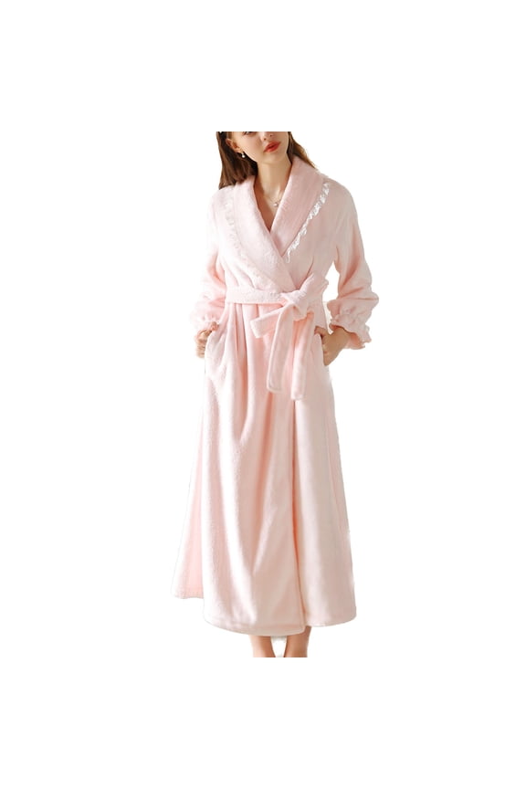 Women's Long Plush Robe Warm Cute Lace Shawl Collar Maxi Fuzzy Fleece Full Length Bath Robe Thick Winter Belted Comfy Soft Bishop Long Sleeve Fluffy House Coat Ruffle Pink Medium