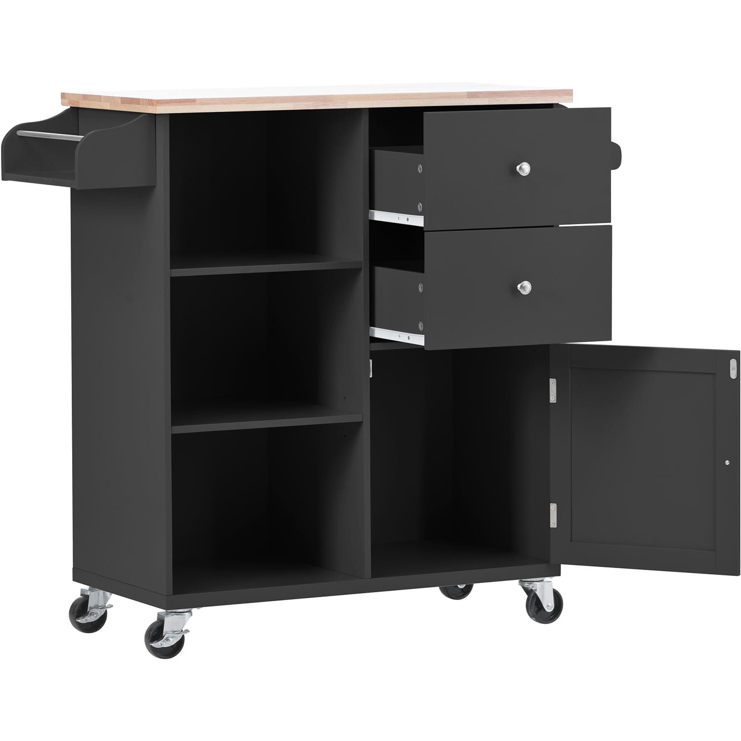 Kepooman Rubber Wood Kitchen Cart with Locking Wheels & 3 Open Shelves, Towel Rack, Kitchen Trolley for Indoor Spaces in Black Kepooman Rubber Wood Kitchen Cart with Locking Wheels & 3 Open Shelves, Towel Rack, Kitchen Trolley for Indoor Spaces in Black
