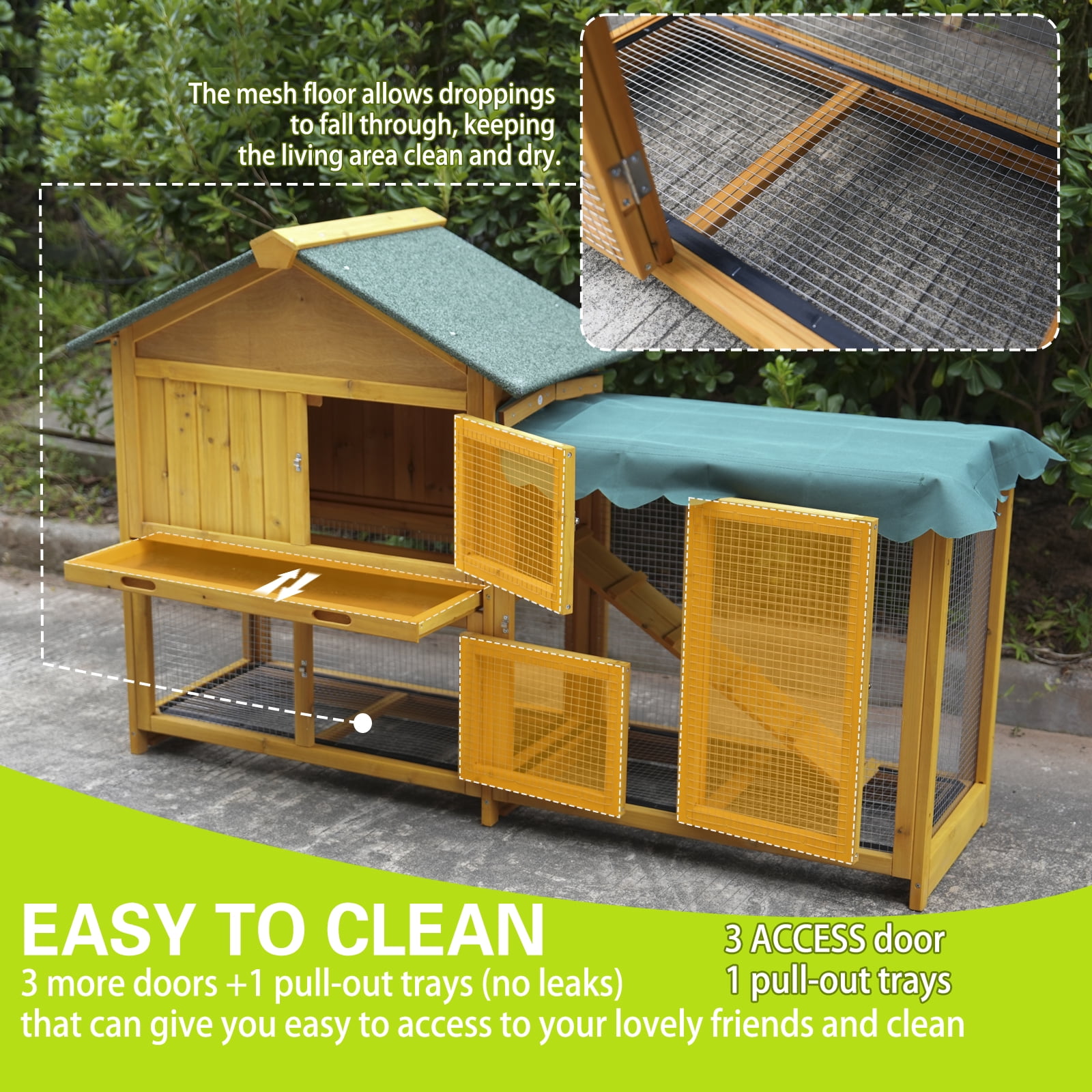 ZephyPaws 60" L Large Rabbit Hutch Outdoor Indoor,Expandable 2-Story Wooden Bunny Cage with Run,Removable Tray,Protection Cover,3 Entrances,Brown