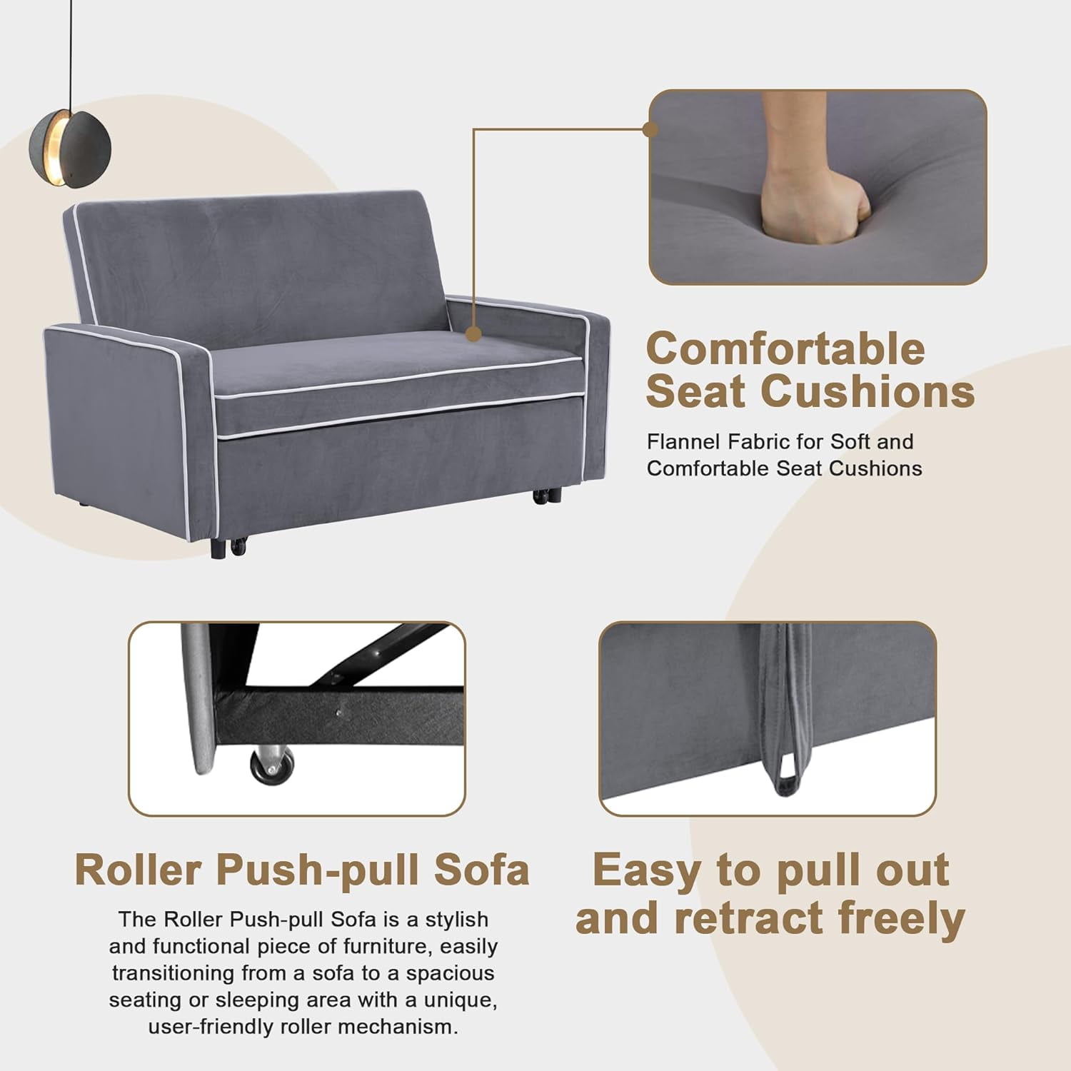 Convertible 3 in 1 Pull Out Sofa Bed Futon Sleeper Sofa Couch Velvet Small Loveseat, Reclining Backrest for Living Room, Grey