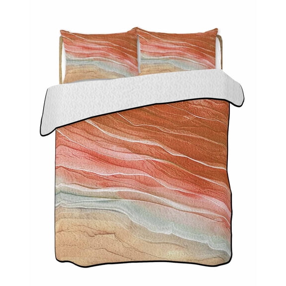 Quilts King Size Bedding Set, Burnt Orange Ombre Coastal Lightweight Quilted Comforter, Summer Nautical Beach Ocean Seaside Soft Bedspread Coverlet with Pillow Covers for All Season, 96" x 106"